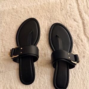 Tory Burch Black Leather Thong Sandals with Gold Buckle